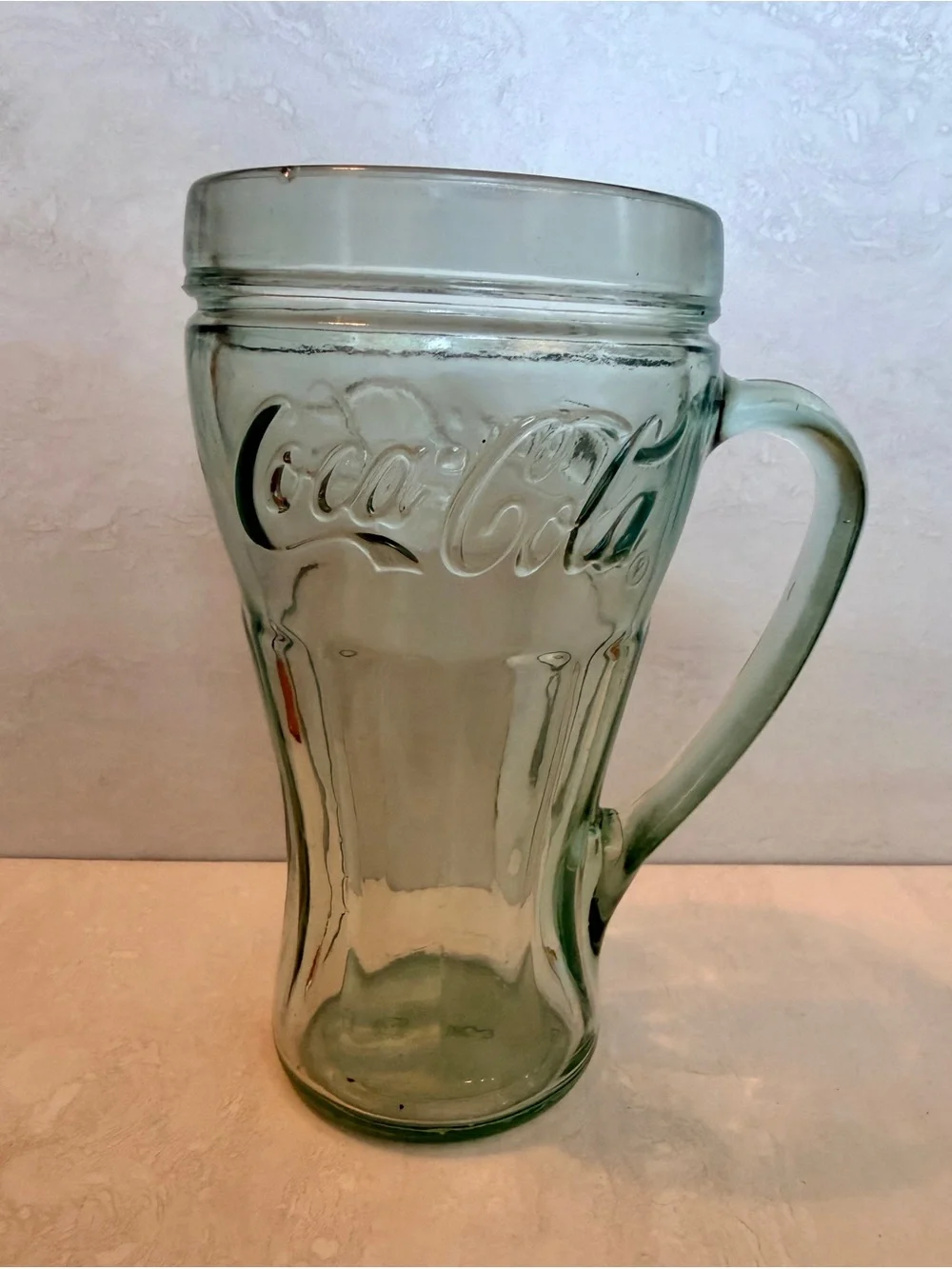 Coca Cola 6.5” Light Green Water Drinking Glass Mug with Handle Unique